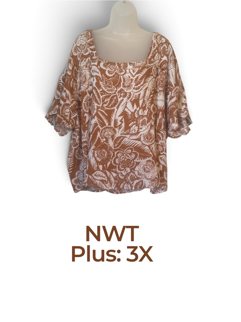 Wonderly Plus-Size Square-Neck Blouse - Tan & White Floral